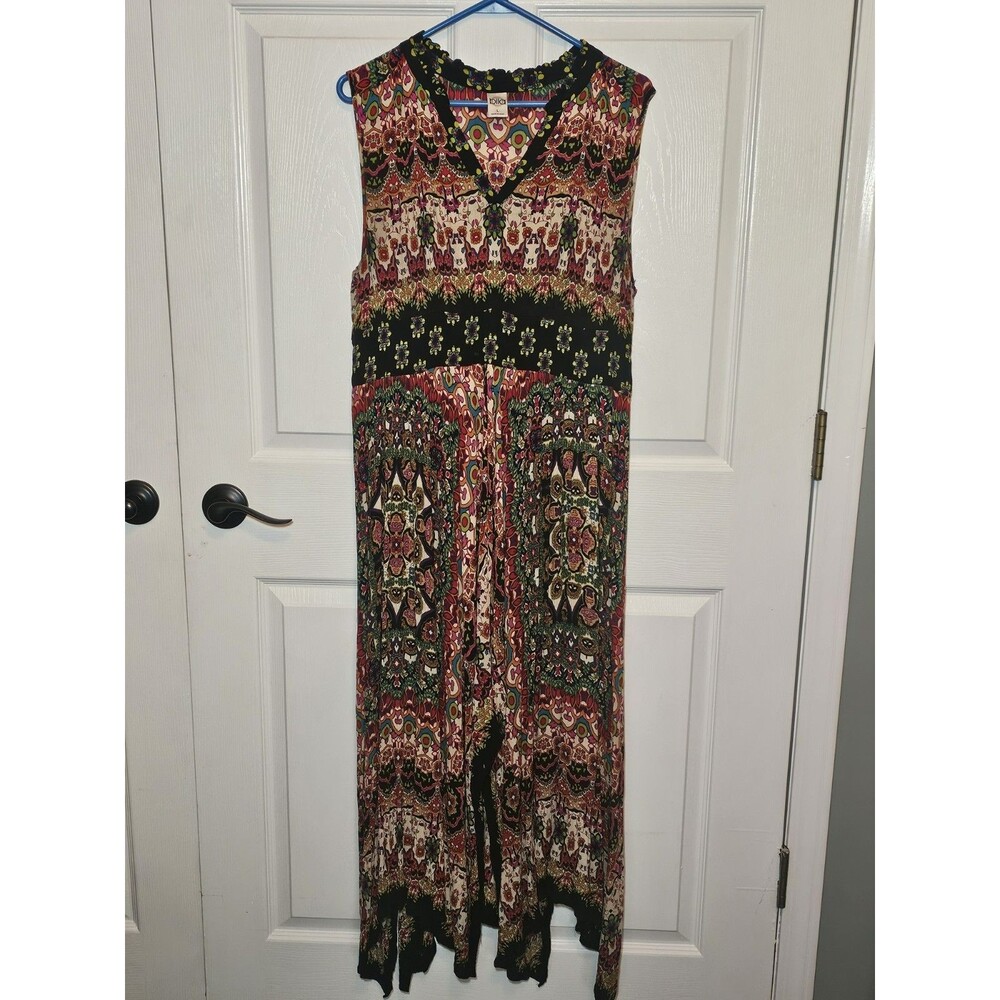 Bila V-neck Smocked Sleeveless Kaleidoscope Maxi Dress Handkerchief Hem Large